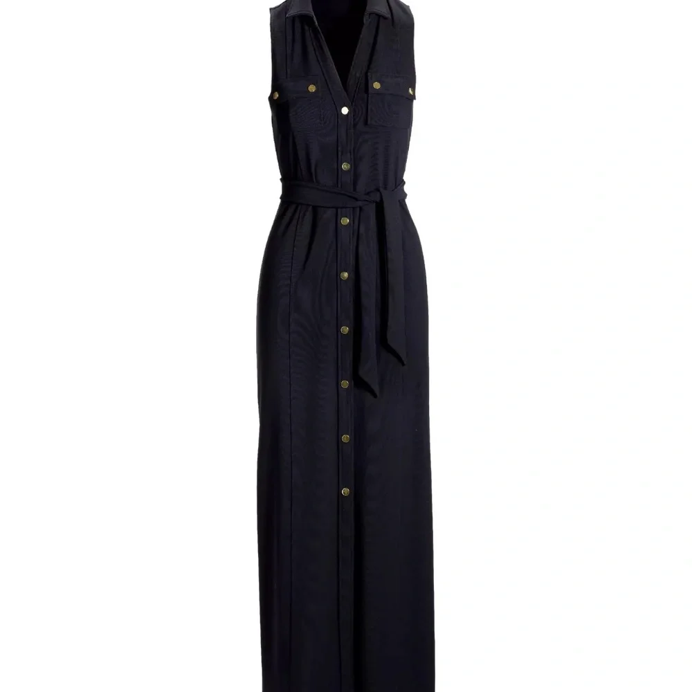 Boston Proper Black Beyond Travel Belted Side Slits Maxi Dress Sz S 6-8 - Picture 2 of 14